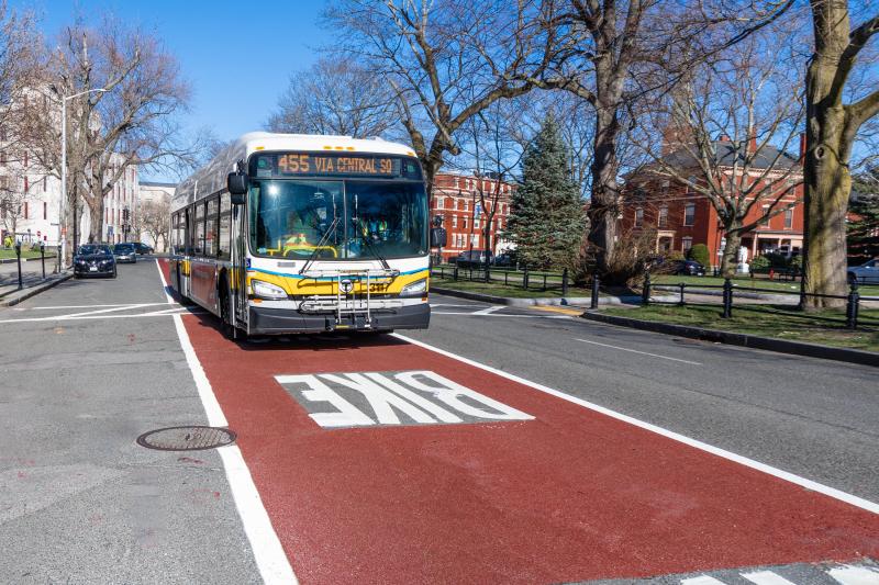 An MBTA Route 455 bus cruises down the newly-installed bus lane on North Common Street in Lynn on April 8, 2021. Courtesy of the MBTA.