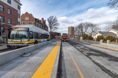 New bus platforms and center-running bus transitway for the T's Route 22 buses are under construction near Walnut Ave. and Franklin Park in this March 3 photograph. The City of Boston and MBTA have secured funding to extend the new transitway northward along Columbus Ave. and Tremont St. to Ruggles station. Photo courtesy of the MBTA.