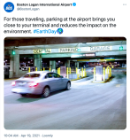 A screenshot of the Boston Logan International Airport's Earth Day tweet, which was deleted on Monday afternoon after amassing hundreds of scornful replies.