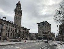 Worcester City Hall and the newly rebuilt Main Street, pictured in December 2020.