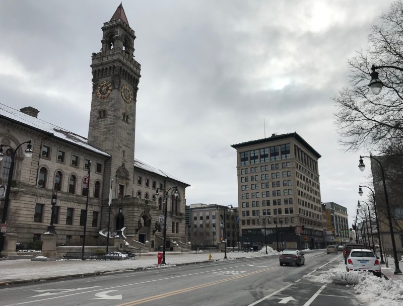 Worcester City Hall and the newly rebuilt Main Street, pictured in December 2020.