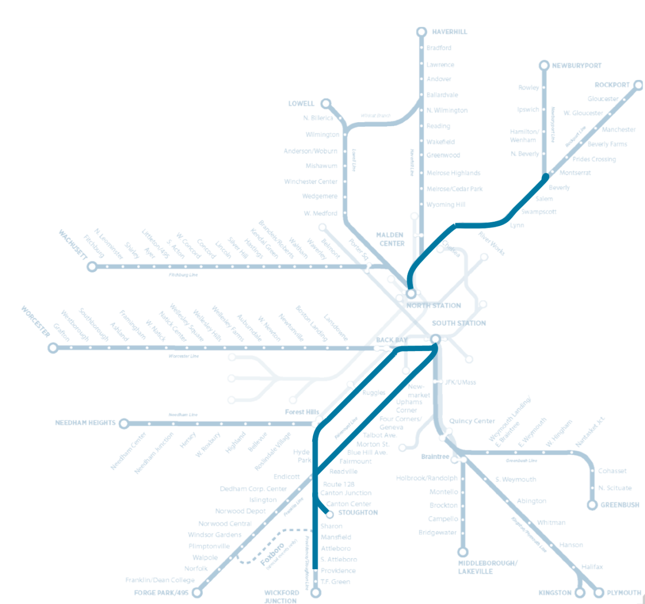 A map of regional rail lines scheduled for upgrades under phase one of the MBTA's 'rail vision' plan. To support more frequent, all-day service, the T wants to electrify trains on the Providence and Fairmount lines, and the Newbury-Rockport line as far as Beverly. Courtesy of the MBTA.
