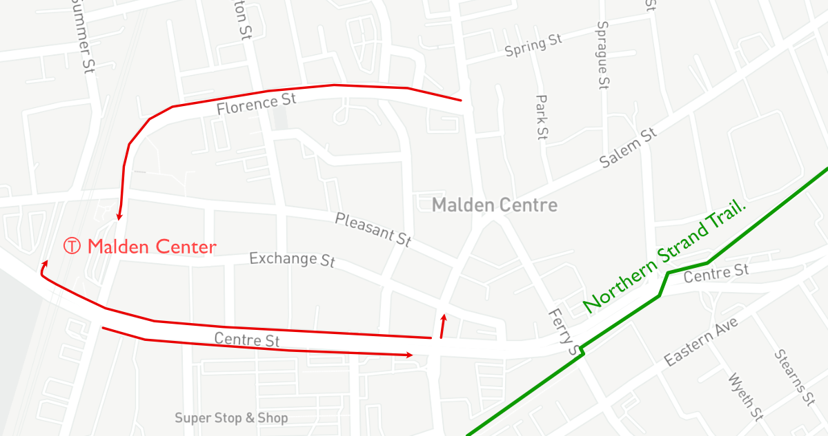 A map of downtown Malden's future bus lane network,highlighted in red. An existing inbound bus lane on Florence Street was installed late in 2020, and new dedicated bus lanes on both sides of Centre Street could be installed later this year, along with new bike lanes to connect to the Northern Strand Trail.