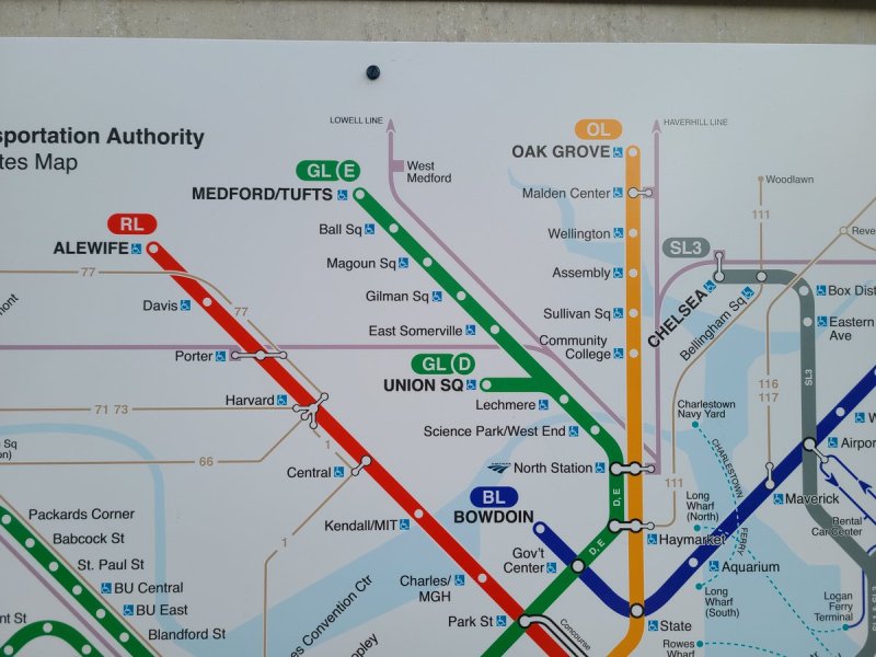 The Green Line Extension is pictured on a new MBTA map at Ruggles station in April 2021, several months before the line's opening. Photo by Edward Orde, via Twitter.
