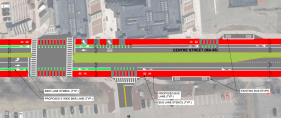 A sketch plan of proposed new bus lanes and bike lanes on Centre Street in downtown Malden. Courtesy of the City of Malden.