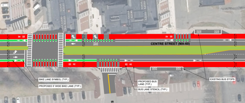 A sketch plan of proposed new bus lanes and bike lanes on Centre Street in downtown Malden. Courtesy of the City of Malden.