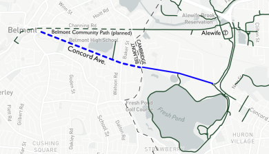 Belmont's new parking-protected bike lanes on Concord Ave. (blue dashed line) would connect to an existing protected bikeway in Cambridge (solid blue line) and the network of off-street paths around Fresh Pond Reservation (green lines).