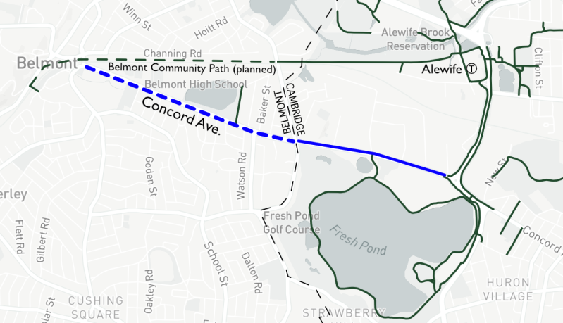 Belmont's new parking-protected bike lanes on Concord Ave. (blue dashed line) would connect to an existing protected bikeway in Cambridge (solid blue line) and the network of off-street paths around Fresh Pond Reservation (green lines).