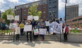 Rider advocates rallied in downtown Worcester on May 17 to preserve the transit agency's fare-free policies. On May 20, the WRTA Advisory Board voted to extend fare-free buses until 2022. Courtesy of the Zero Fare WRTA Coalition.