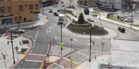 The newly rebuilt Kelley Square from above, pictured in early 2021. Photo courtesy of MassDOT.