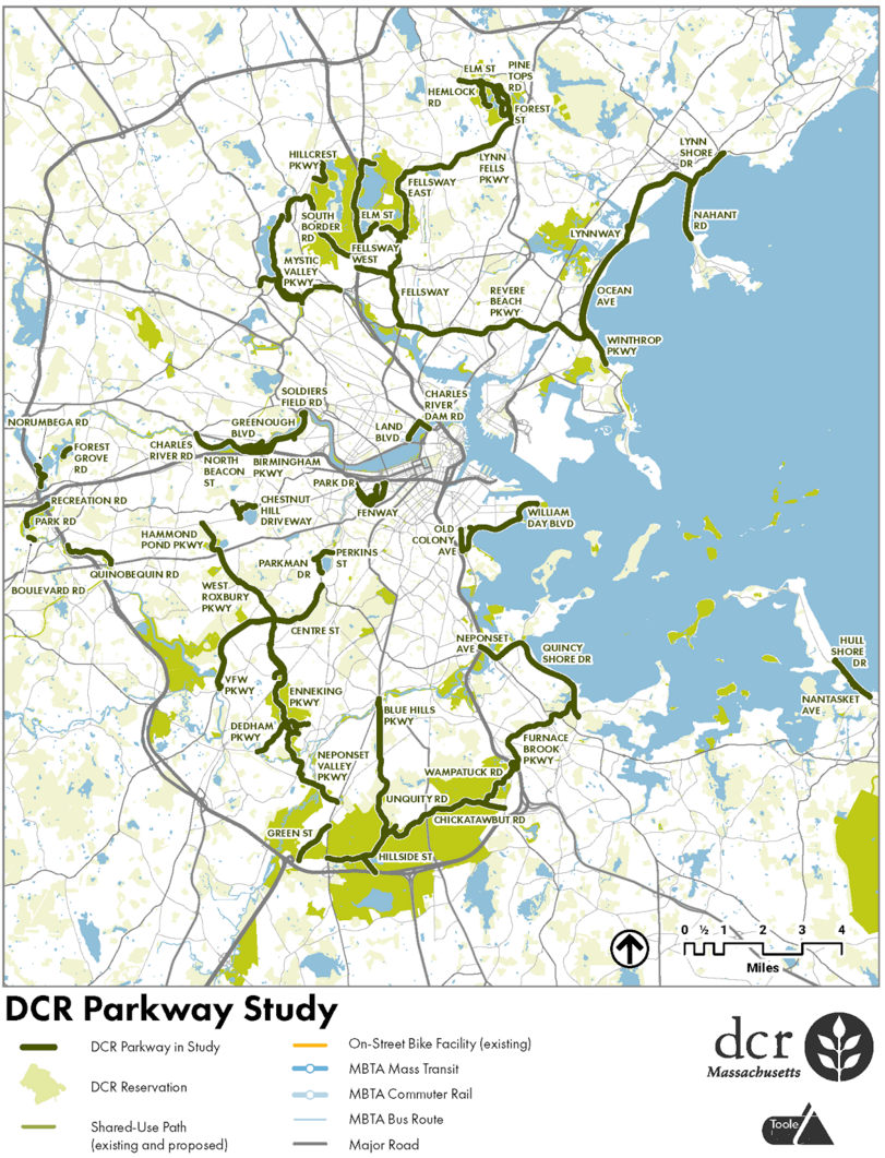 A map of parkways that were to be examined for bike and pedestrian safety improvements in the DCR's 2015 parkways study.