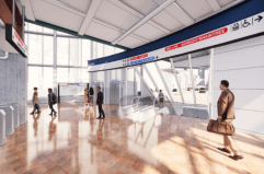 A rendering of a future Blue Line station entrance from the lobby of the existing Charles/MGH station in Charles Circle. Escalators would lead underground to a new Blue Line platform under Cambridge Street. The Red and Blue Lines are currently the only two lines in the T's network that don't directly connect to each other at a downtown station. Courtesy of the MBTA.