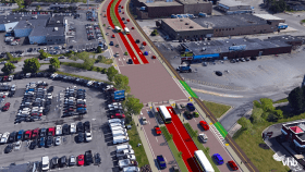 A rendering of the proposed center-running busway and new shared-use pathway along the Lynnway in Lynn, which is currently a 6- to 7-lane wide roadway with no bus or bike lanes. The city is partnering with state agencies to seek federal funds for the $15 million project. Courtesy of MassDOT and VHB.