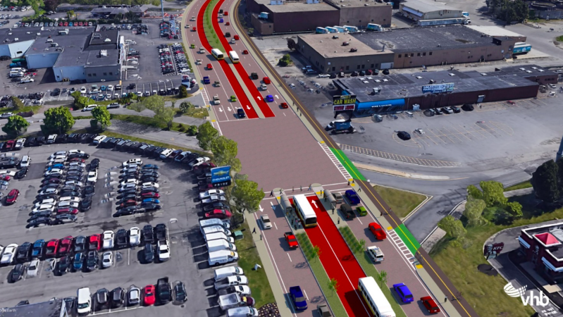 A rendering of the proposed center-running busway and new shared-use pathway along the Lynnway in Lynn, which is currently a 6- to 7-lane wide roadway with no bus or bike lanes. The city is partnering with state agencies to seek federal funds for the $15 million project. Courtesy of MassDOT and VHB.