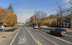 Google Street View imagery of Main Street in Reading shows the street before (from 2019) and after (from 2020) a road diet that reduced the number of vehicle lanes on the roadway. Images courtesy of Google.