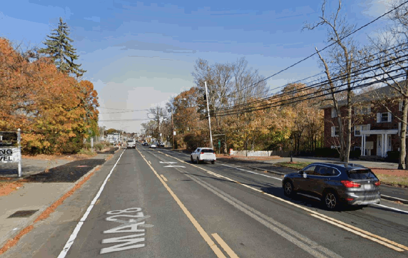 Google Street View imagery of Main Street in Reading shows the street before (from 2019) and after (from 2020) a road diet that reduced the number of vehicle lanes on the roadway. Images courtesy of Google.