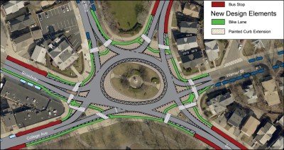 A street-level before-and-after rendering of the proposed changes to Somerville's Powder House Circle. Courtesy of the City of Somerville.