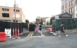 The entrance to the new Fenway multi-use path from Miner Street, showing the Landmark Center building in the background at left.