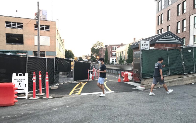 The entrance to the new Fenway multi-use path from Miner Street, showing the Landmark Center building in the background at left.