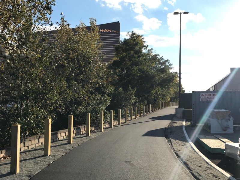 The Northern Strand Trail extension in Everett, looking south towards the Encore Casino and the Mystic River