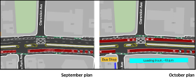Plans for the reconfiguration of outer Massachusetts Avneue in Cambridge. The City of Cambridge has updated its plans for outer Massachusetts Avenue, near the Arlington town line, to add a second outbound dedicated bus lane, in addition to protected bike lanes. An earlier version of the plan (at left) would have only provided one, inbound bus lane.