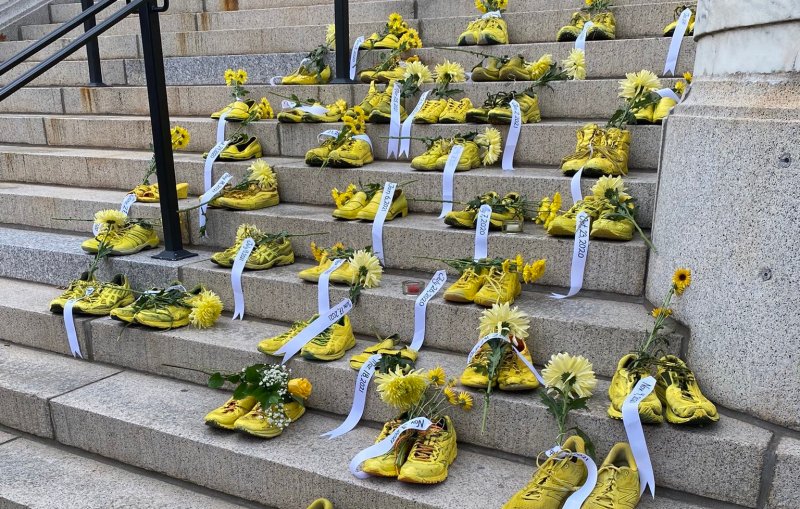 A memorial to the 39 people killed by drivers in the city of Springfield during 2020 and 2021 at a vigil held on the steps of the Springfield Central Library on Sunday, November 21, the World Day of Remembrance. Photo courtesy of Springfield City Councilor Jesse Lederman, via Twitter.