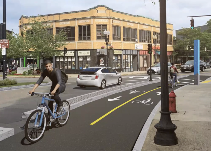 Rendering of the proposed Northern Strand on-street bikeway on South Common Street, approaching Market Street, in downtown Lynn.
