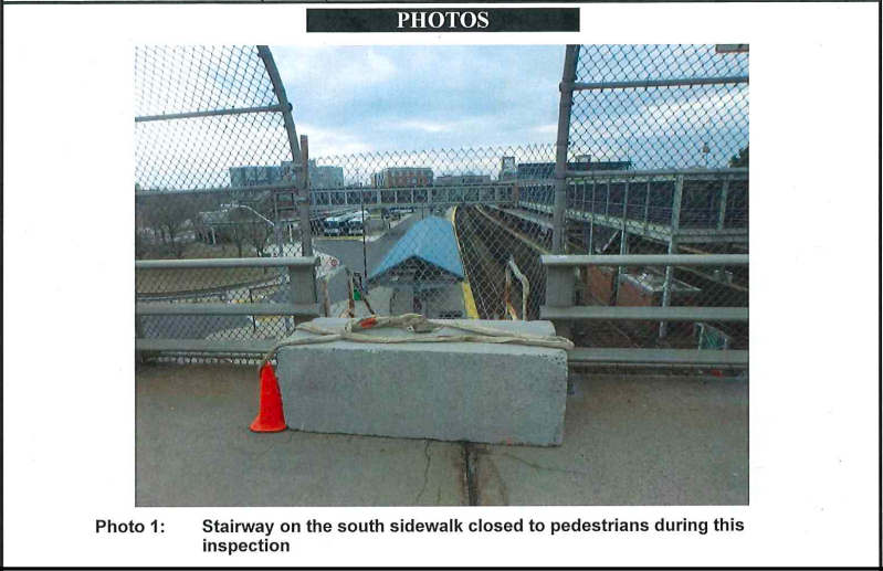 A MassDOT bridge inspection in February 2020 acknowledged that the stairway to the JFK/UMass station had been closed, but did not address why, or recommend any repairs. Courtesy of MassDOT.