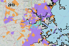 Bluebike station locations in 2010, 2016, and 2021. When the system launched a decade ago, it primarily served higher-income, whiter neighborhoods in central Boston. However, thanks to new stations, non-white and lower-income residents of these cities and towns now enjoy more equitable levels of access to the bikesharing network.