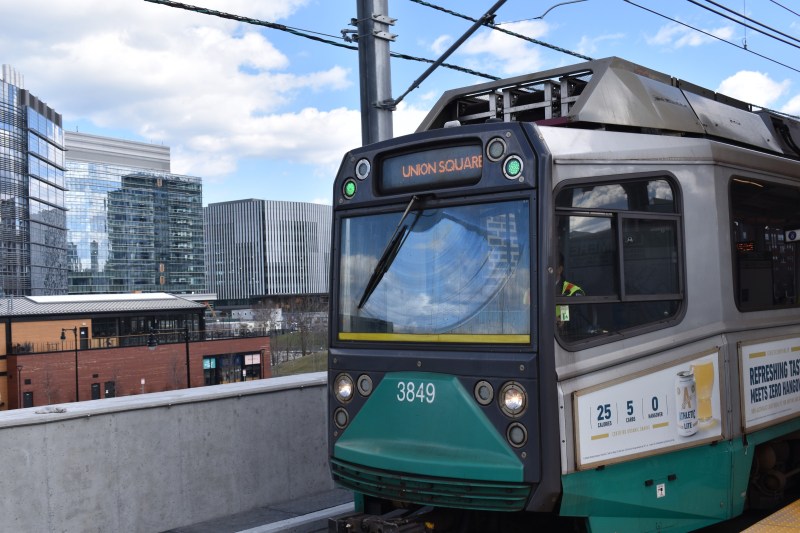 A Green Line train bearing the destination sign for "Union Square" arrives at Lechmere station in Cambridge.