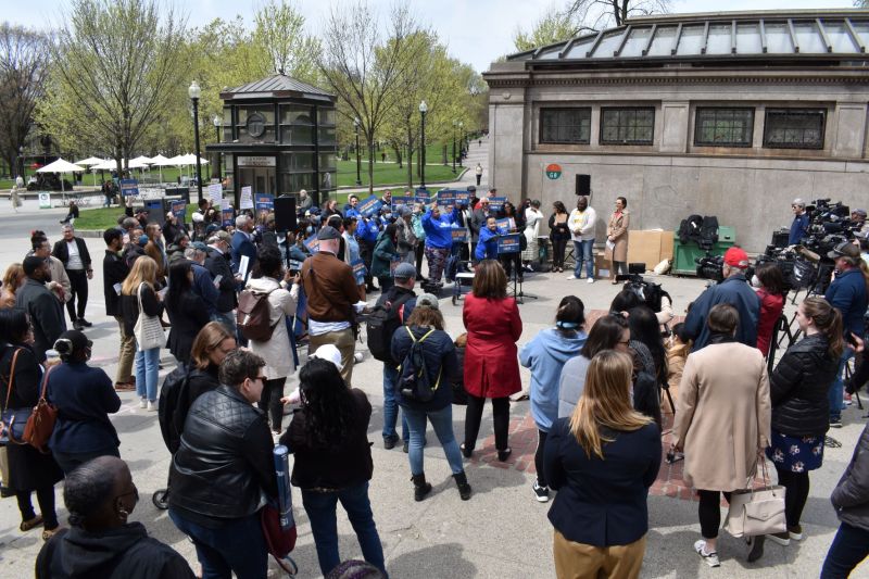 A crowd of advocates from the Transit Is Essential and Public Transit Public Good coalitions, representing a broad array of environmental, business, community, and labor groups, rally at Park Street Station for low-income fare legislation.