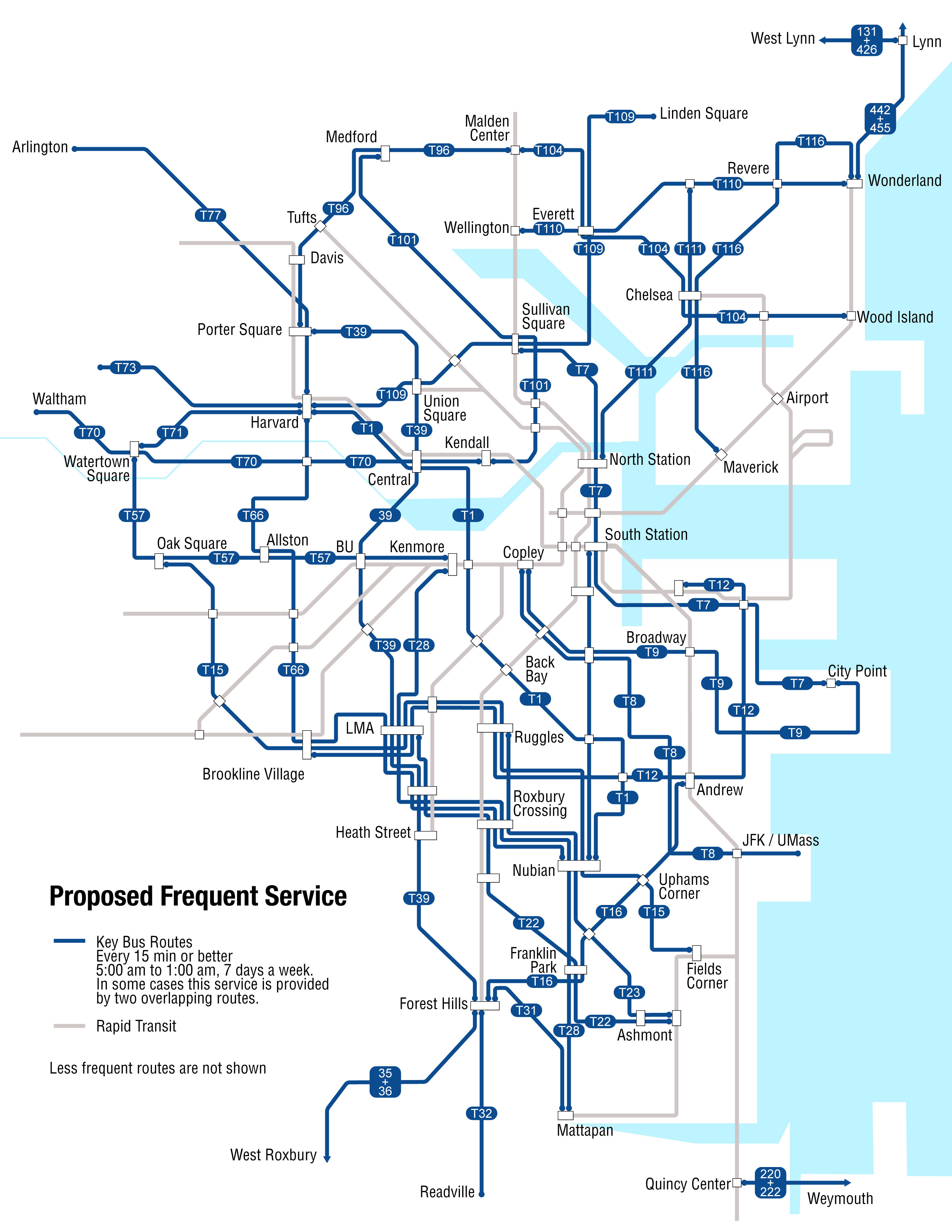 The MBTA's draft map of new "high-frequency" bus routes, which will form the core of service on its new bus network. Courtesy of the MBTA.