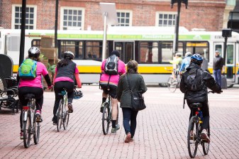 Riders arrive at City Hall Plaza for Bike to Work Day in 2018. Courtesy of the City of Boston.