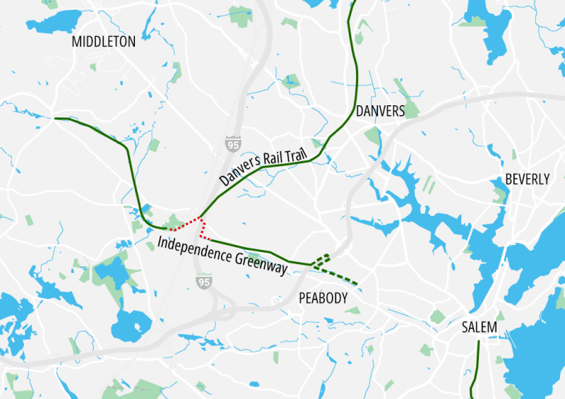 Locator map of the Peabody Independence Greenway, illustrating its proximity to downtown Salem and connections to the existing Danvers Rail Trail.