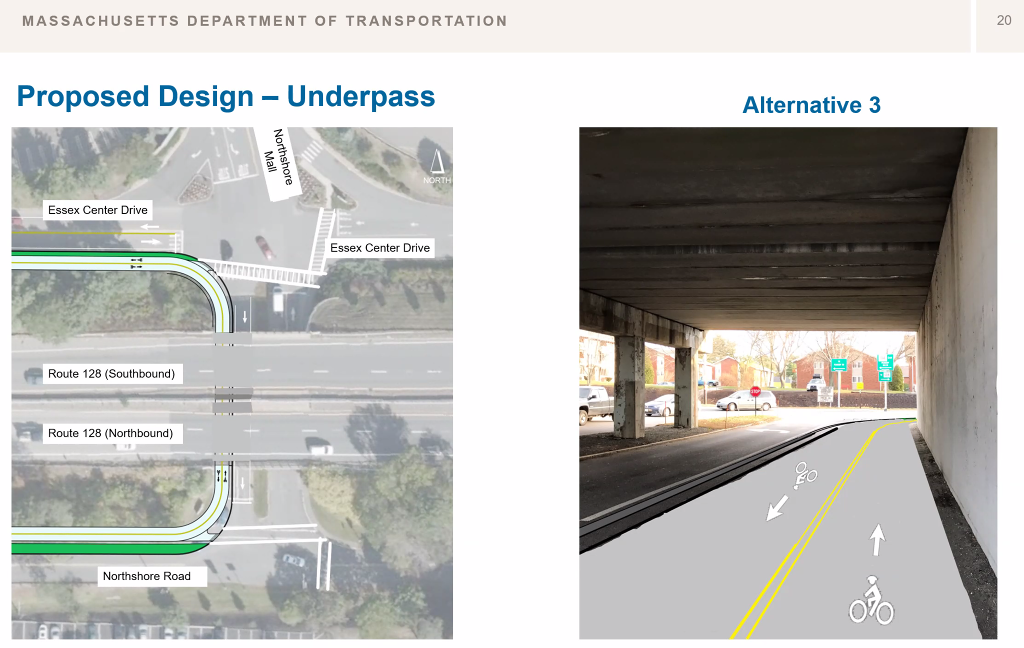 The left graphic shows a birds eye view of the project section that connects Essex Center Drive, the Route 128 underpass, and Northshore Road via a 10 foot shared use pathway with two 5 foot bidirectional bike lanes and two 2-foot buffers on either side. 