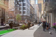 A rendering of the City of Boston's proposed improvements to State Street downtown. The project would widen sidewalks and create a physically protected bike lane from the Rose Kennedy Greenway to Congress Street next to the Old State House. Courtesy of the Boston Public Works Department.