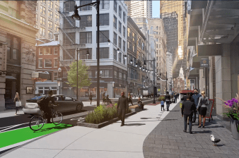 A rendering of the City of Boston's proposed improvements to State Street downtown. The project would widen sidewalks and create a physically protected bike lane from the Rose Kennedy Greenway to Congress Street next to the Old State House. Courtesy of the Boston Public Works Department.