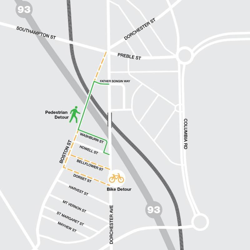 Map of detour routes around the Dorchester Ave. bridge closure planned for mid-June through the end of August. Bikes and pedestrians are being instructed to use Boston Avenue, which runs one block west of Dorchester Avenue and re-joins Dorchester Avenue in Andrew Square.