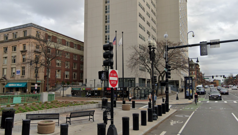 The corner of Massachusetts Avenue (right) and Huntington Avenue, where a truck driver struck and killed a person riding a bicycle on Wednesday, July 13, 2022. Courtesy of Google.