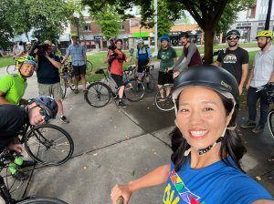 Boston Mayor Michelle Wu posted a selfie of herself and several other members of a bike convoy that rode to downtown Boston from Roslindale Square on August 24. Courtesy of Mayor Michelle Wu.