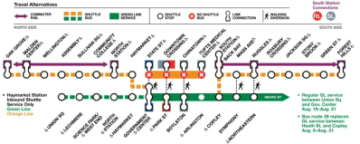 Es complicado: el mapa official de desvíos de la MBTA. Cortesía de la MBTA.