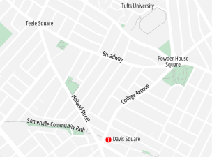 Map of the Davis and Teele Square neighborhoods in Somerville. Holland Street, College Avenue, and Broadway form a triangle north of Davis Square, with Holland running northwest from Davis to Teele Square, College Avenue running northeast from Davis to Powder House Square, and Broadway running east-to-west at the top of the triangle from Teele to Powder House, a few blocks south of the Tufts campus..